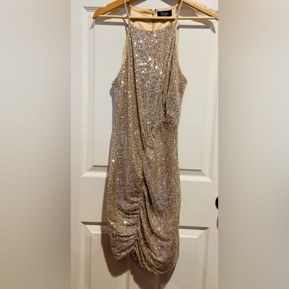 Parker Black Gold Sequin Strapless Cocktail Dress